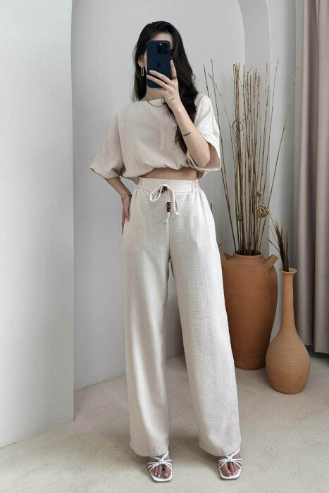 SET NJË NGJYRËSH CROP+PANTALLONA PËR FEMRA NË NGJYRË BEZHË - KLAUDIO FASHION