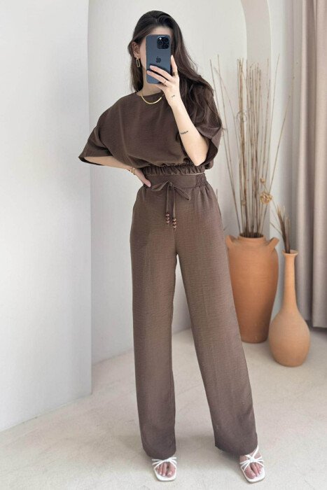ONE COLOR CROPPED T-SHIRT+TROUSERS WOMEN SET BROWN/KAFE - 1