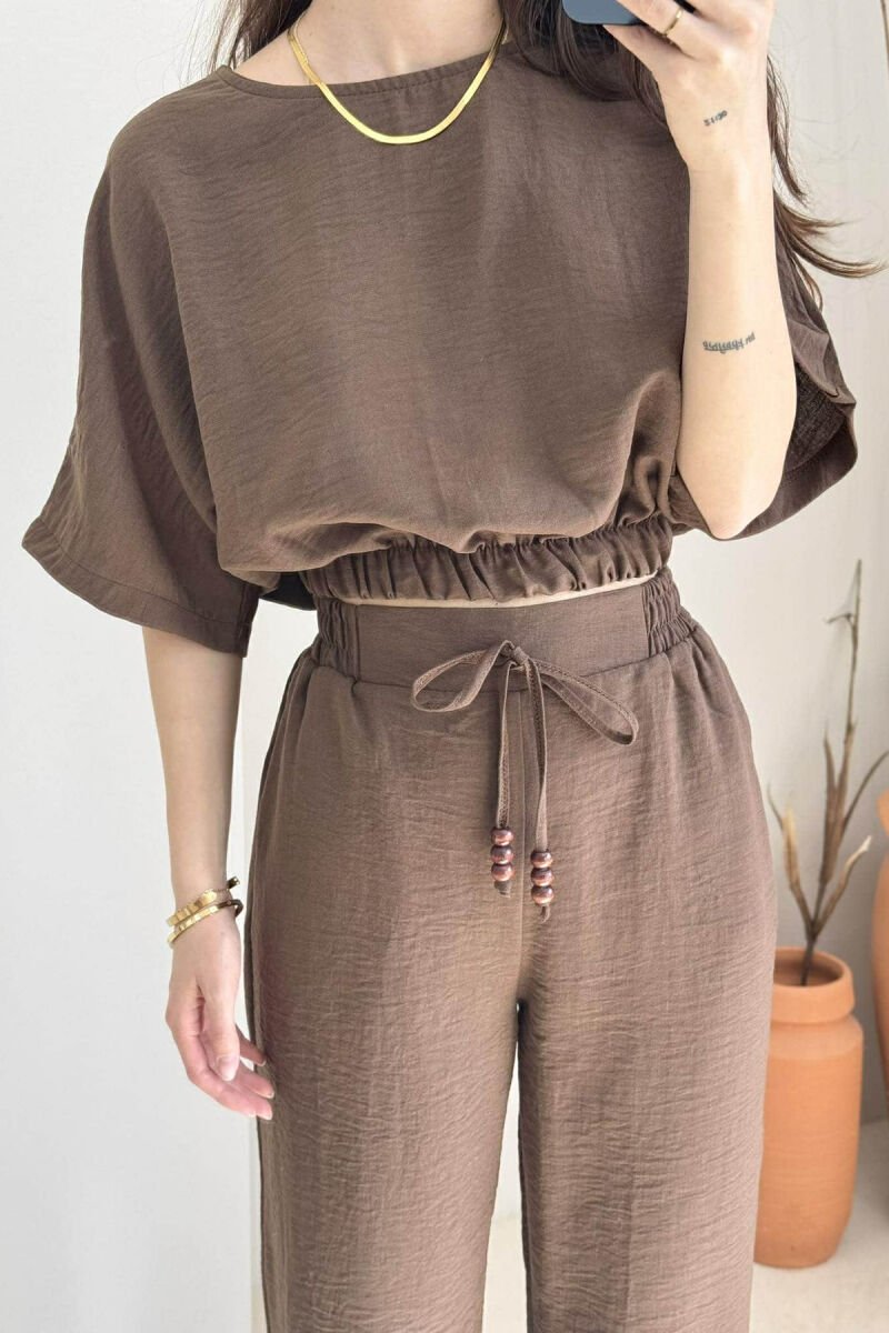 ONE COLOR CROPPED T-SHIRT+TROUSERS WOMEN SET BROWN/KAFE - 2