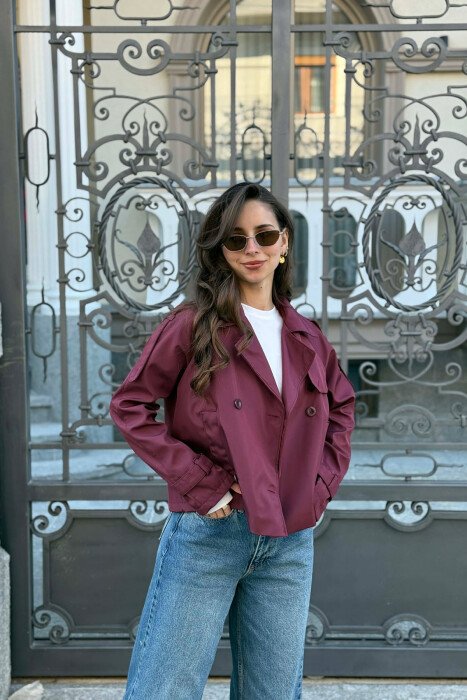 ONE COLOR CROPPED TRENCH WOMAN COAT BURGUNDY/VISHNJE - 3