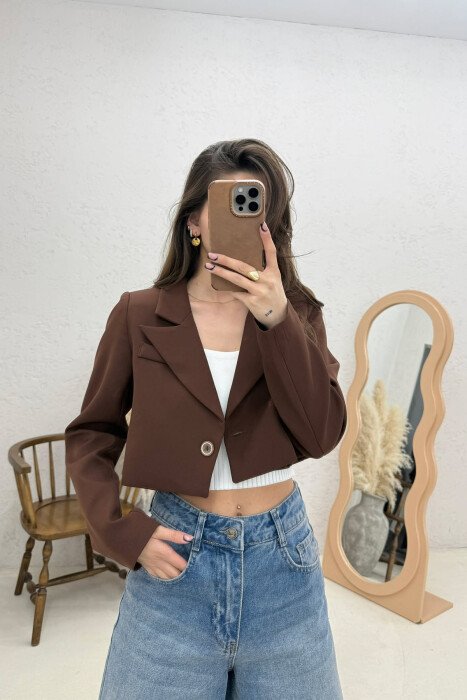 ONE COLOR CROPPED WOMAN JACKET BROWN/KAFE 