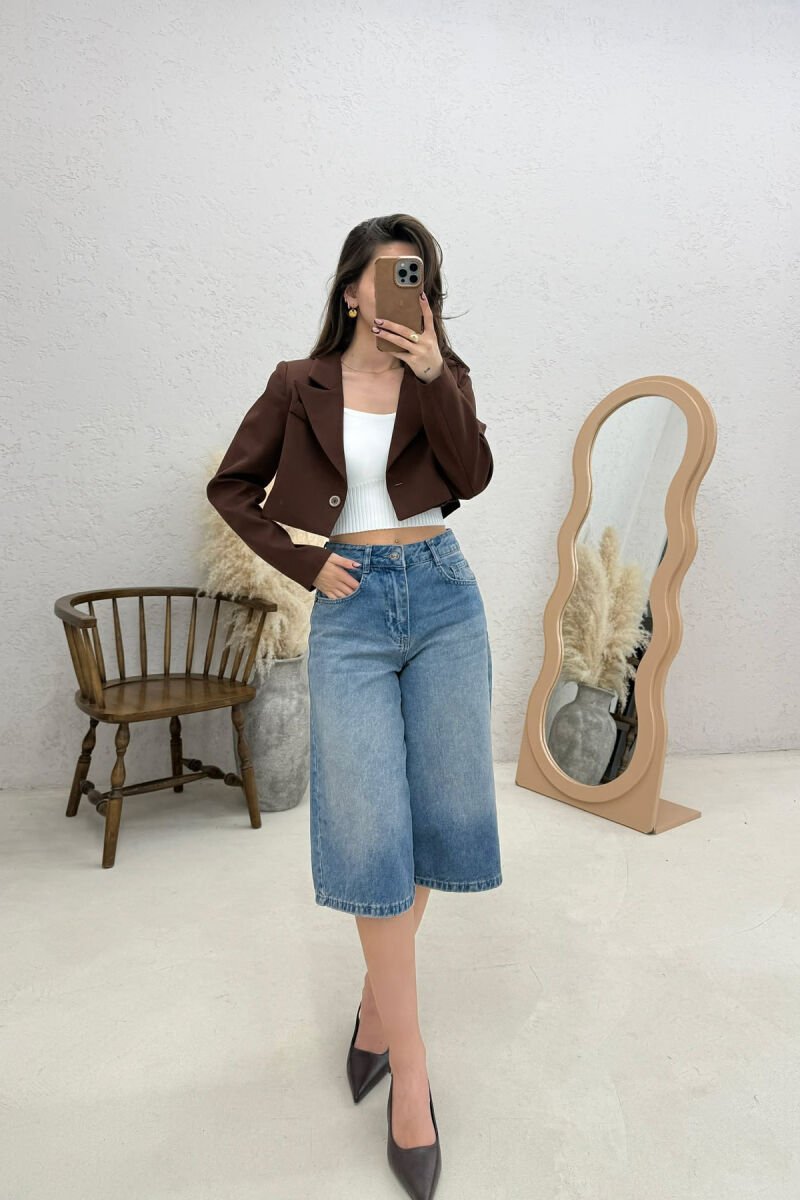 ONE COLOR CROPPED WOMAN JACKET BROWN/KAFE - 3