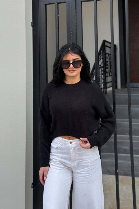 ONE COLOR CROPPED WOMAN SWEATER BLACK/ E ZEZE 