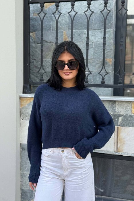 ONE COLOR CROPPED WOMAN SWEATER BLUE/BLU - KLAUDIO FASHION