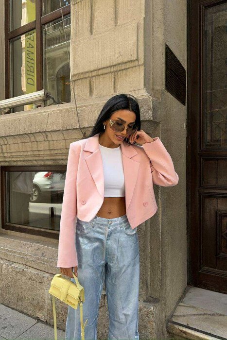 ONE COLOR CROPPED WOMEN JACKET BABY PINK/ROZB - 2