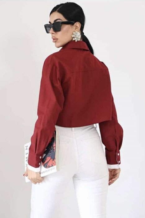 ONE COLOR CROPPED WOMEN SHIRT BURGUNDY/VISHNJE - 3