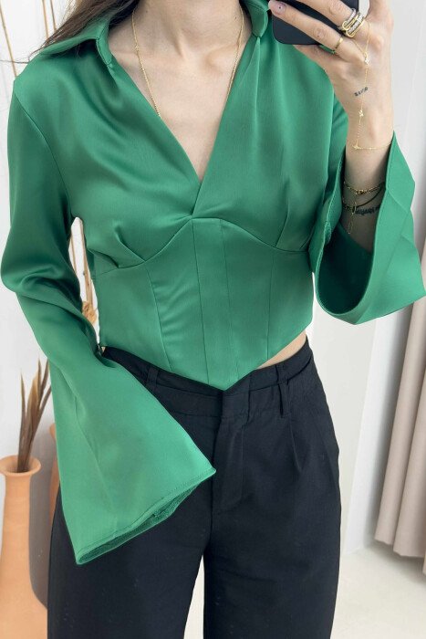 ONE COLOR CROPPED WOMEN SHIRT GREEN/JESHILE - KLAUDIO FASHION