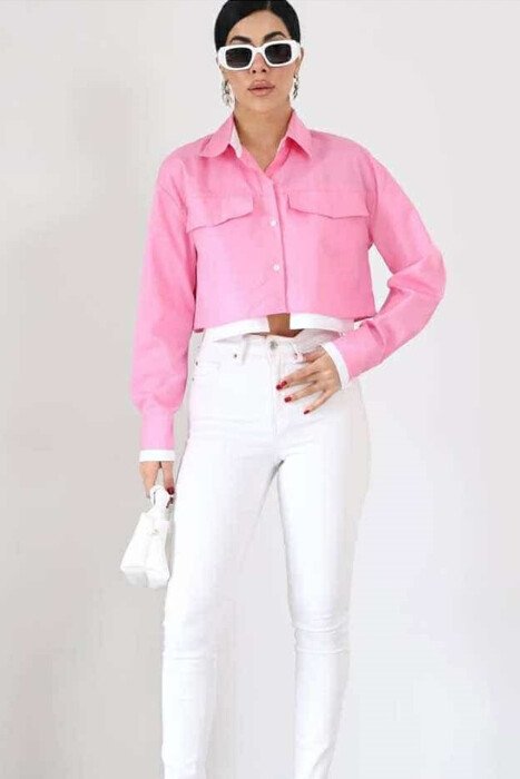 ONE COLOR CROPPED WOMEN SHIRT PINK/ROZE - 2