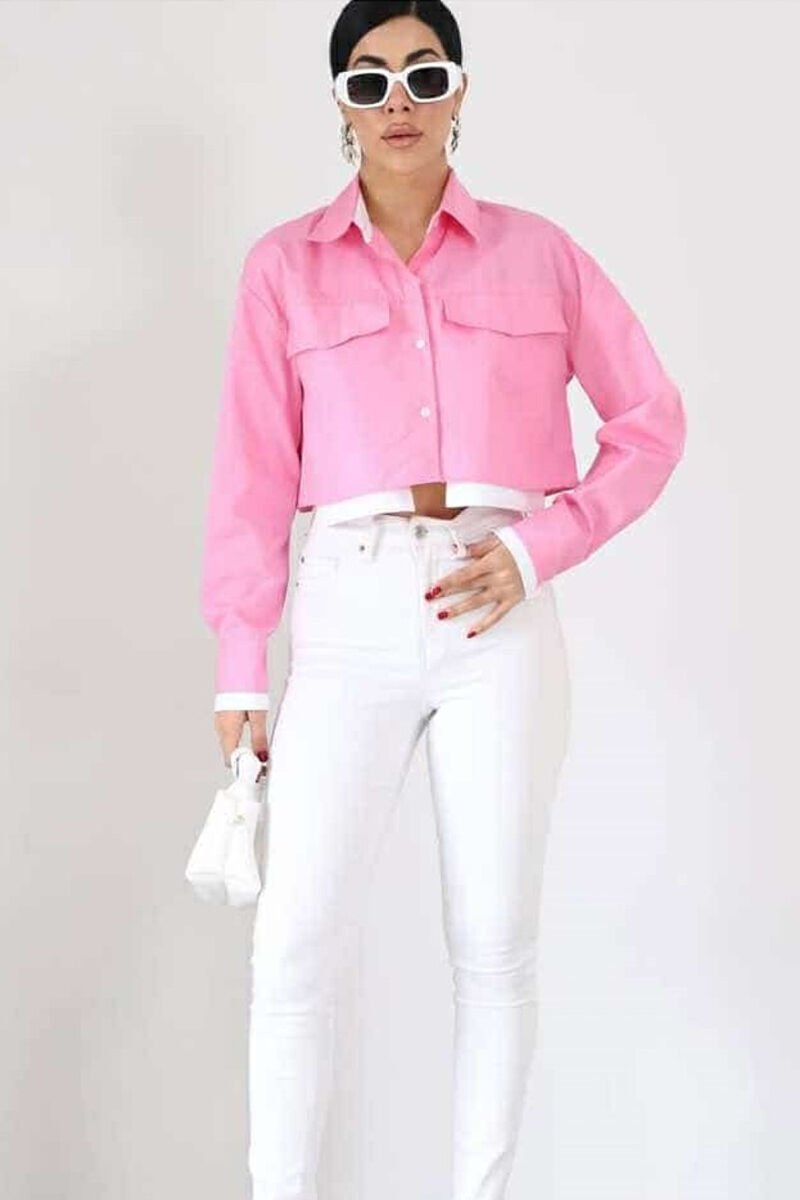 ONE COLOR CROPPED WOMEN SHIRT PINK/ROZE - 2