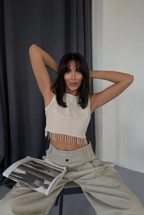 ONE COLOR CROPPED WOMEN TANK TOP CREAM/KREM - 3