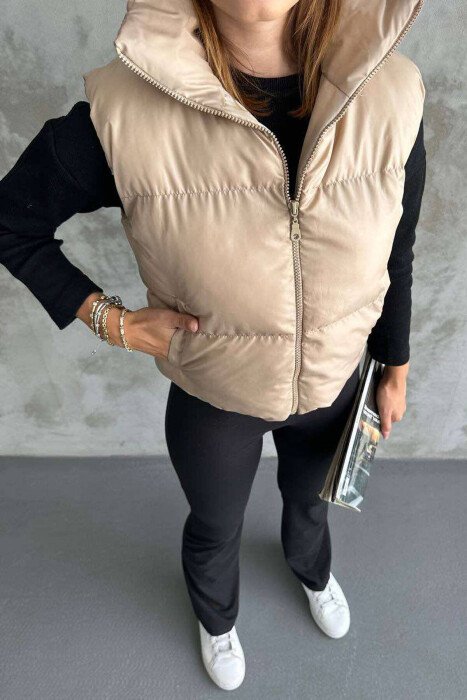 ONE COLOR CROPPED WOMEN VEST BEIGE/BEZHE - KLAUDIO FASHION