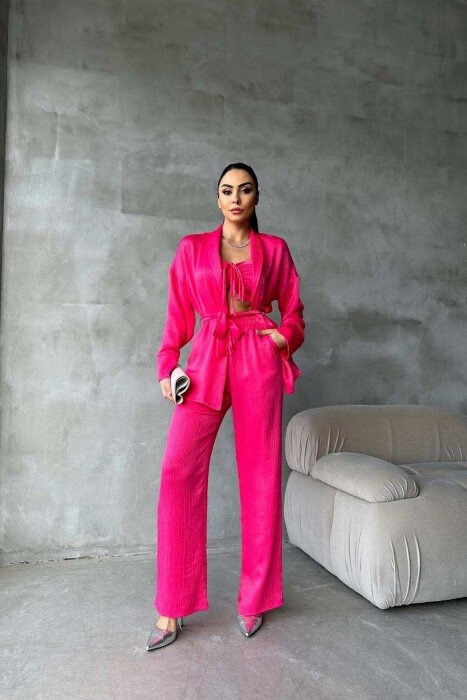 ONE COLOR CROP+SHIRT+TROUSERS WOMEN SET FUCHSIA/CIKLAMI 