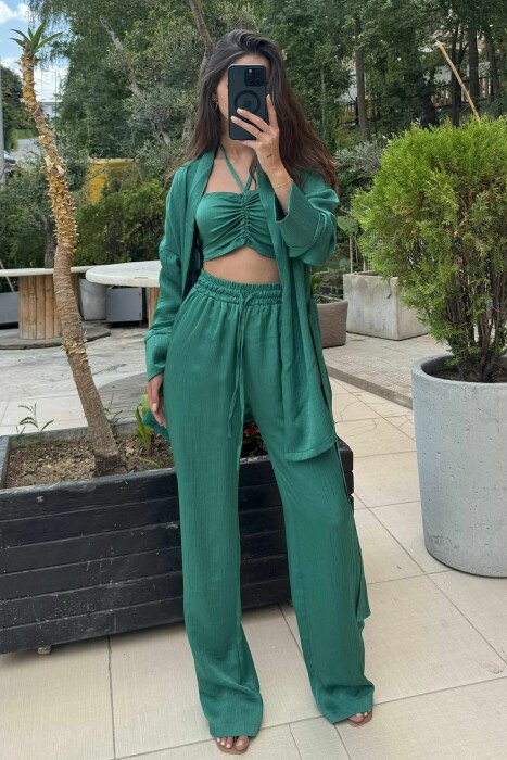 ONE COLOR CROP+SHIRT+TROUSERS WOMEN SET GREEN/JESHILE - 1