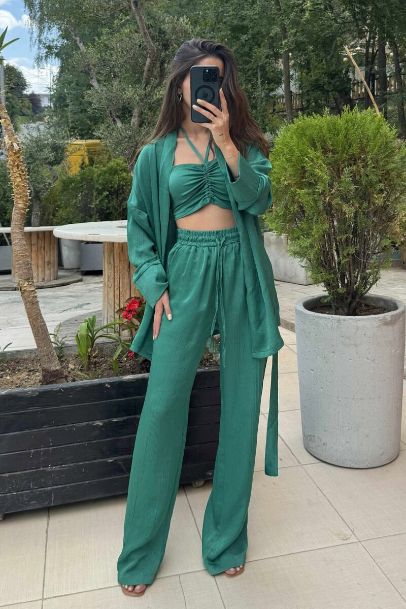 ONE COLOR CROP+SHIRT+TROUSERS WOMEN SET GREEN/JESHILE - 2