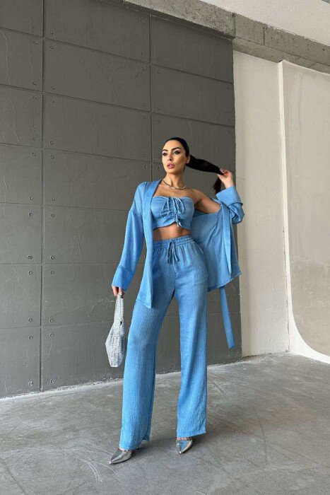 ONE COLOR CROP+SHIRT+TROUSERS WOMEN SET LIGHTBLUE/BZ - 19