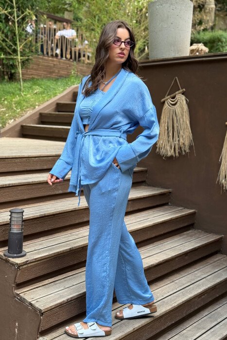 ONE COLOR CROP+SHIRT+TROUSERS WOMEN SET LIGHTBLUE/BZ - 15