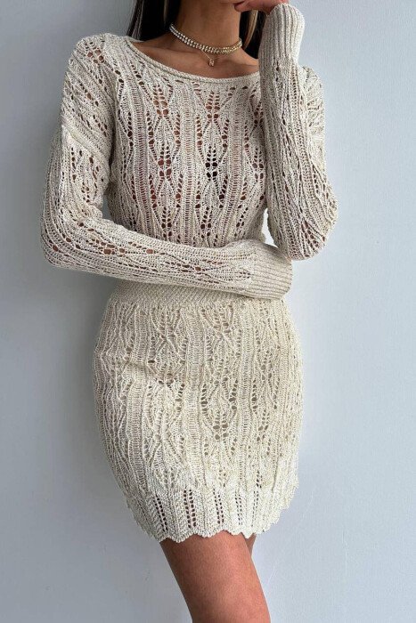ONE COLOR CROP+SHORT SKIRT WOMAN SET CREAM/KREM - KLAUDIO FASHION