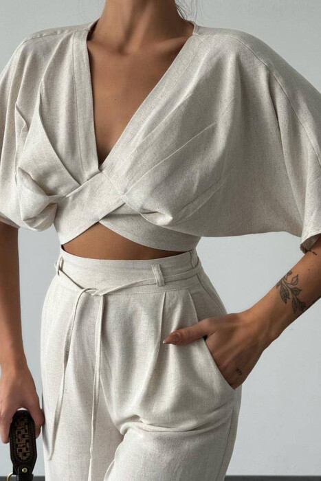 ONE COLOR CROP+TROUSER WOMEN SET CREAM/KREM - 2