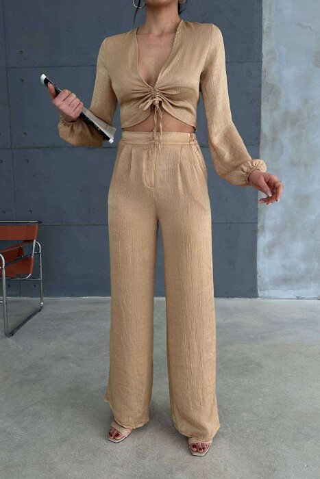 ONE COLOR CROP+TROUSERS WOMEN SET BEIGE/BEZHE - 2