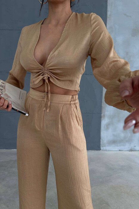 ONE COLOR CROP+TROUSERS WOMEN SET BEIGE/BEZHE - 3
