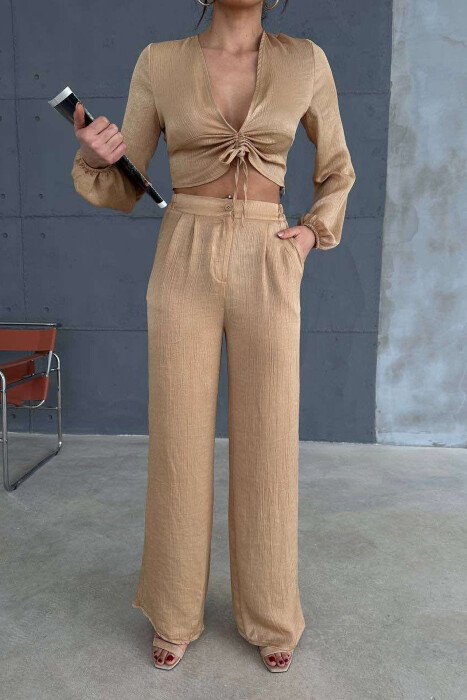 ONE COLOR CROP+TROUSERS WOMEN SET BEIGE/BEZHE - 4