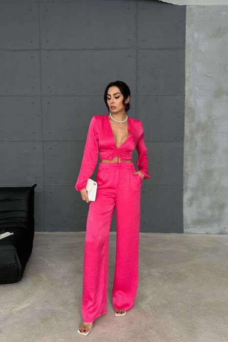 ONE COLOR CROP+TROUSERS WOMEN SET FUCHSIA/CIKLAMI - KLAUDIO FASHION