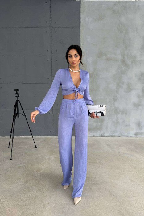 ONE COLOR CROP+TROUSERS WOMEN SET PURPLE/LEJLA - KLAUDIO FASHION