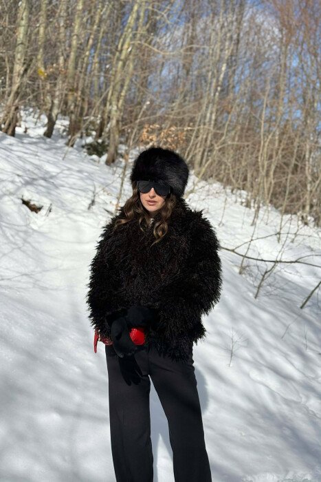 ONE COLOR CURLY FAUX FUR WOMAN COAT BLACK/ E ZEZE - 4