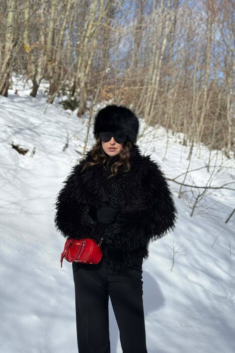 ONE COLOR CURLY FAUX FUR WOMAN COAT BLACK/ E ZEZE 