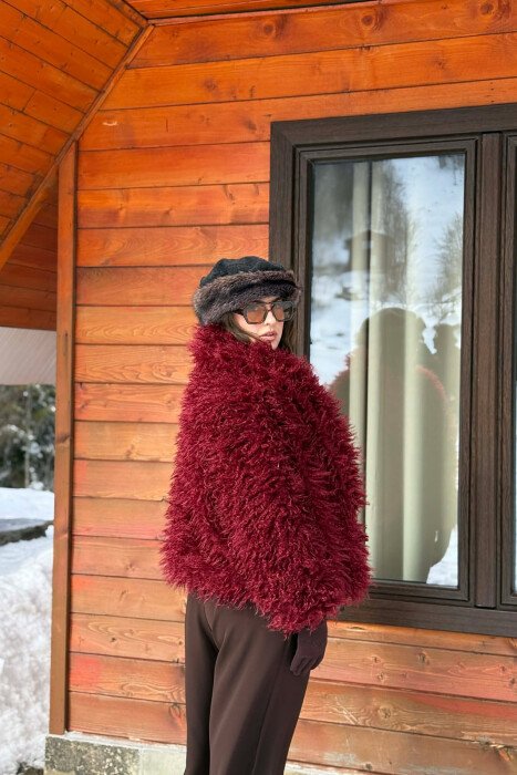 ONE COLOR CURLY FAUX FUR WOMAN COAT BURGUNDY/VISHNJE - 5