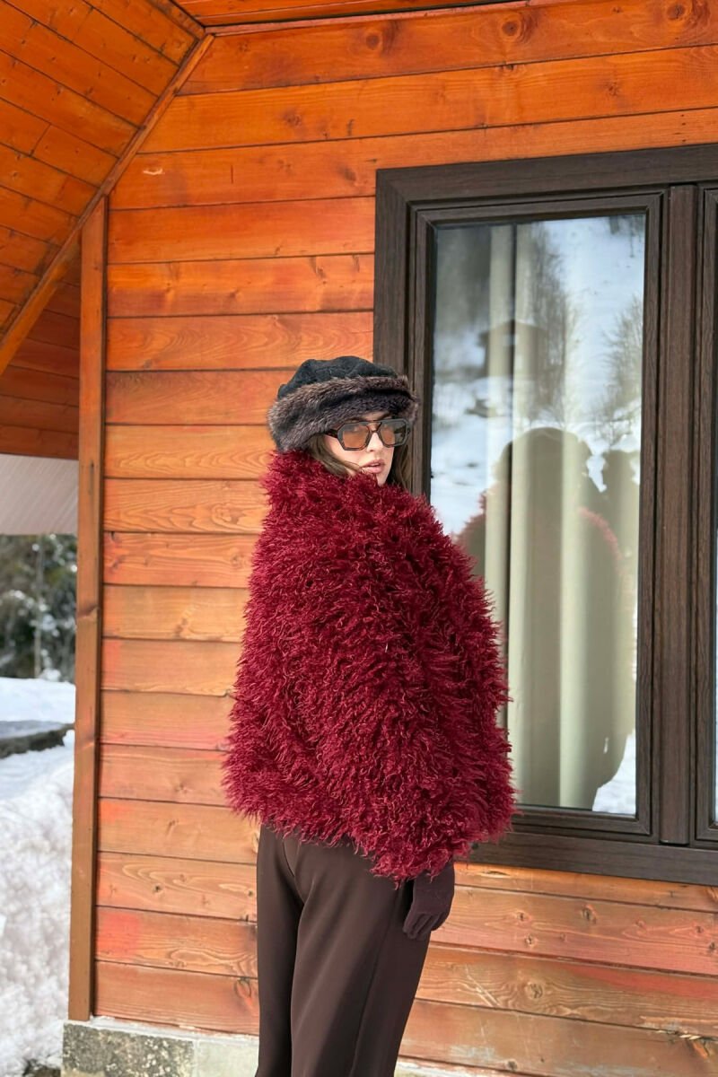 ONE COLOR CURLY FAUX FUR WOMAN COAT BURGUNDY/VISHNJE - 5