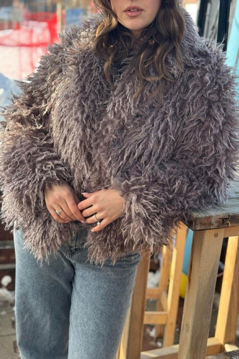 ONE COLOR CURLY FAUX FUR WOMAN COAT LIGHT BROWN/KAZB - 4