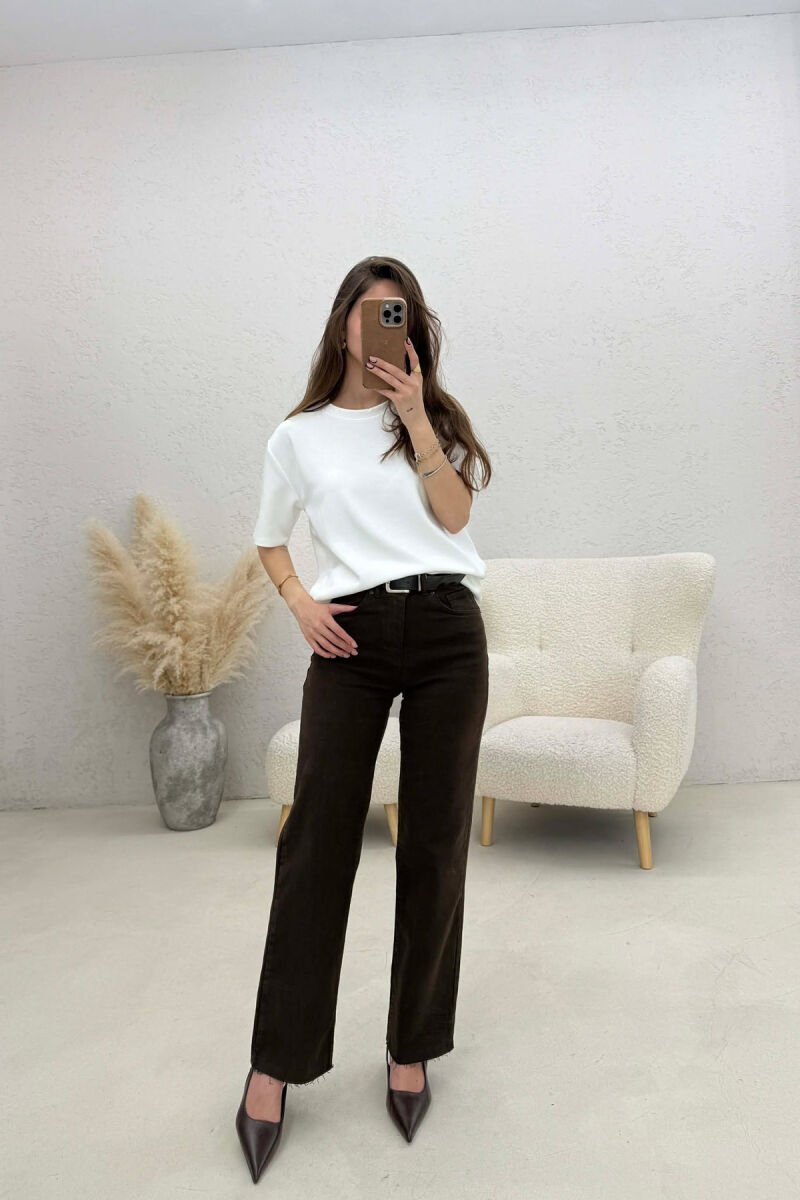 ONE COLOR CUT OFF EDGES BELT DETAIL WOMEN JEANS BROWN/KAFE - 2