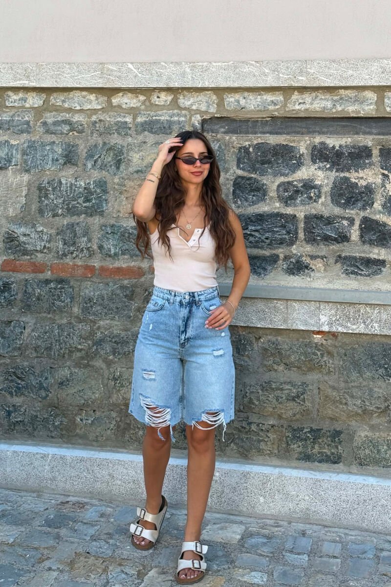 ONE COLOR CUT OFF EDGES DENIM WOMEN SHORTS LIGHTBLUE/BZ - 2