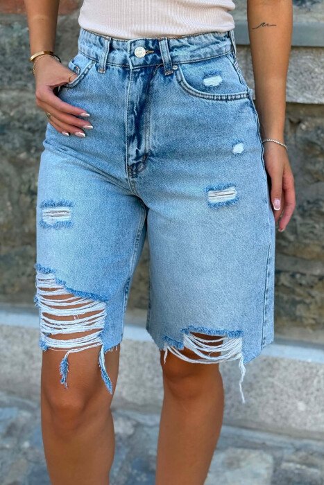 ONE COLOR CUT OFF EDGES DENIM WOMEN SHORTS LIGHTBLUE/BZ - 3