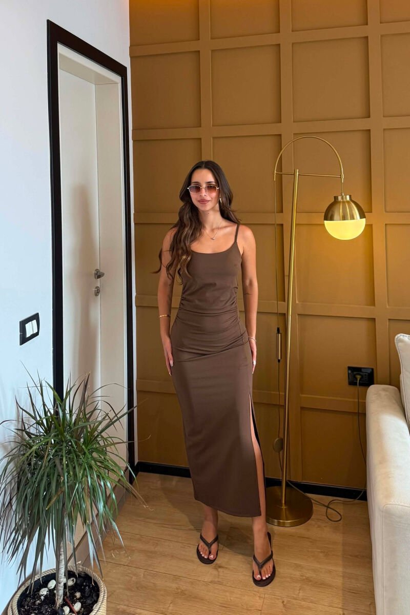ONE COLOR CUT OPEN WOMAN DRESS BROWN/KAFE - 4