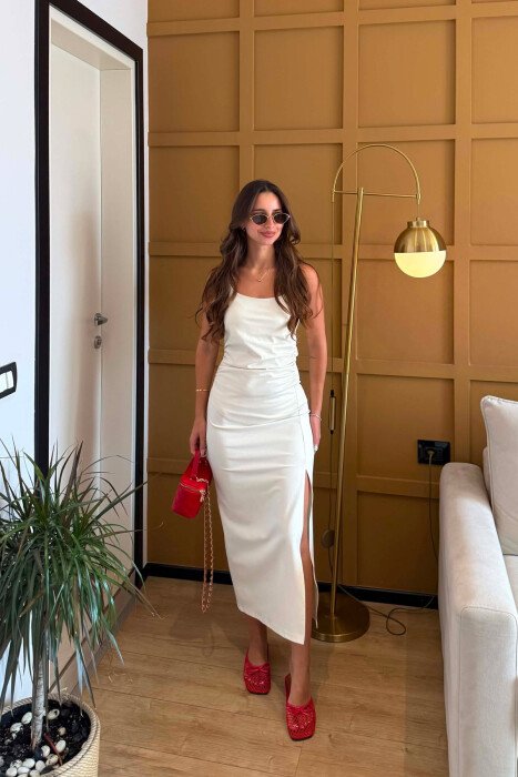 ONE COLOR CUT OPEN WOMAN DRESS CREAM/KREM - KLAUDIO FASHION
