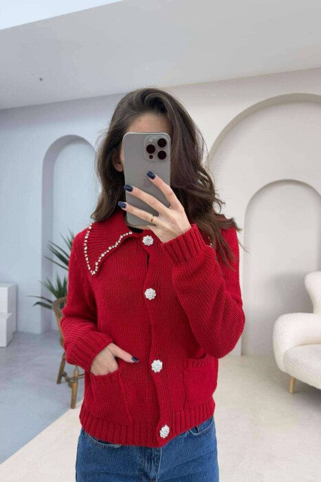 PULOVËR NJË NGJYRËSHE ME DETAJE PËR FEMRA NË NGJYRËN E KUQE - KLAUDIO FASHION