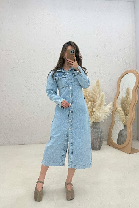 ONE COLOR DENIM BUTTONED LONG WOMEN DRESS LIGHTBLUE/BZ - KLAUDIO FASHION