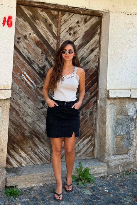 ONE COLOR DENIM SHORT WOMAN SKIRT BLACK/ E ZEZE - KLAUDIO FASHION