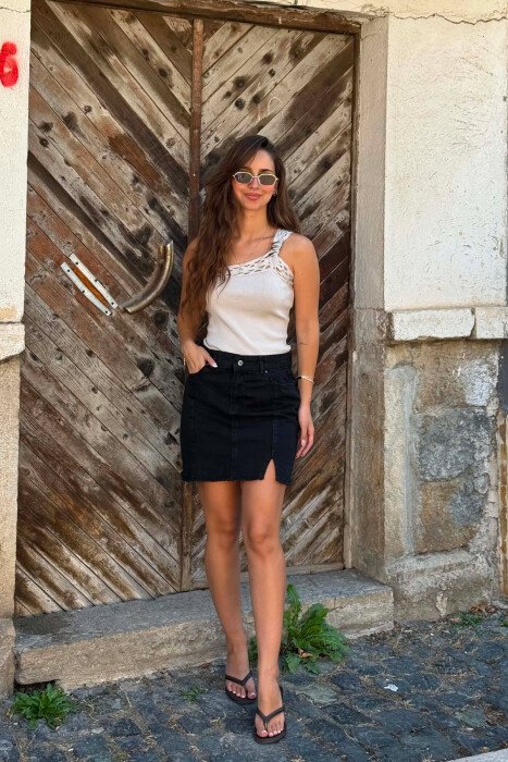 ONE COLOR DENIM SHORT WOMAN SKIRT BLACK/ E ZEZE - 5