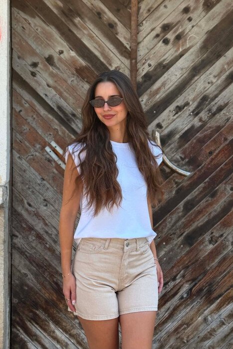 ONE COLOR DENIM SIMPLE WOMAN SHORTS BEIGE/BEZHE - 4