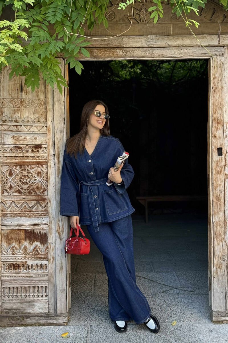 ONE COLOR DENIM V NECK JACKET+JEANS WOMEN SET BLUE/BLU - 2