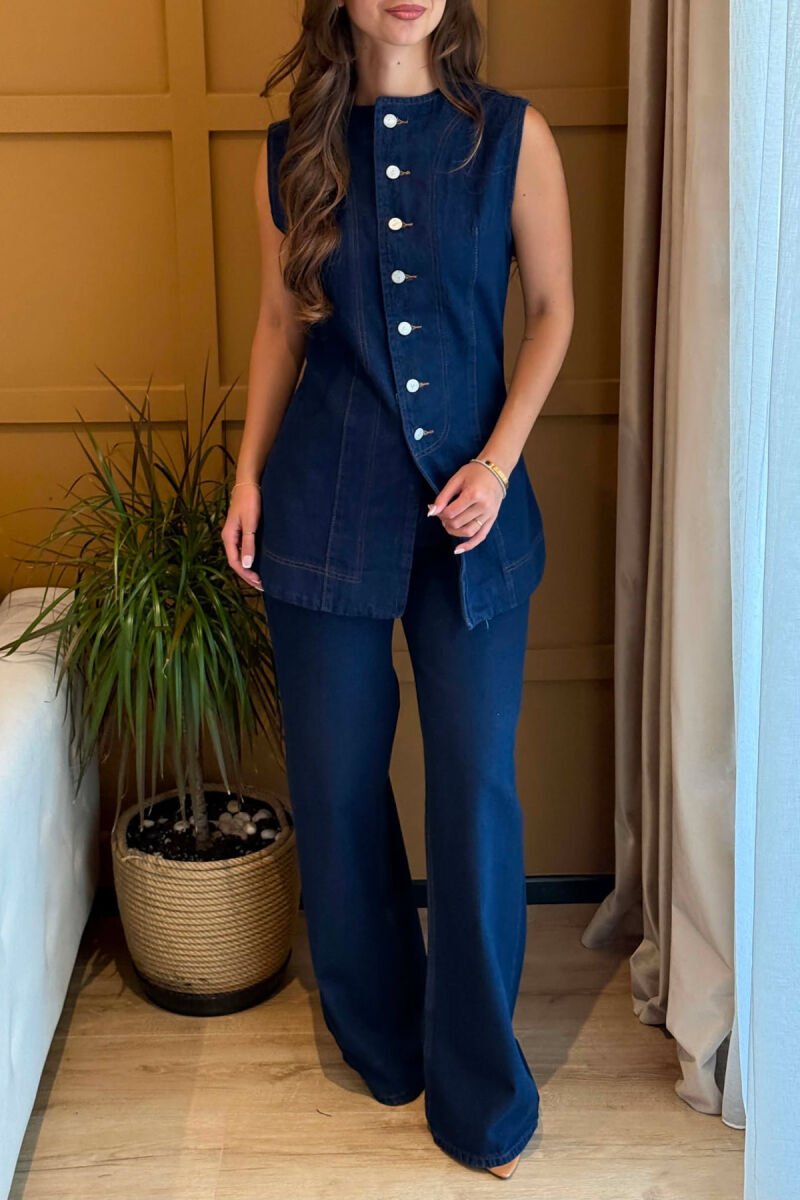 ONE COLOR DENIM VEST+ JEANS WOMEN SET BLUE/BLU - 5
