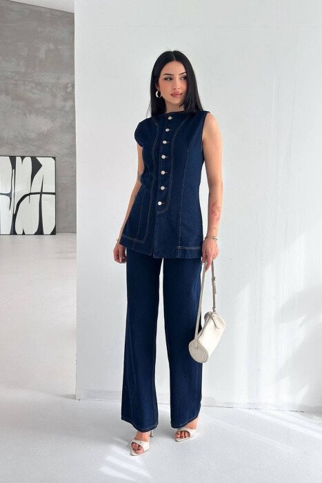 ONE COLOR DENIM VEST+ JEANS WOMEN SET BLUE/BLU - 