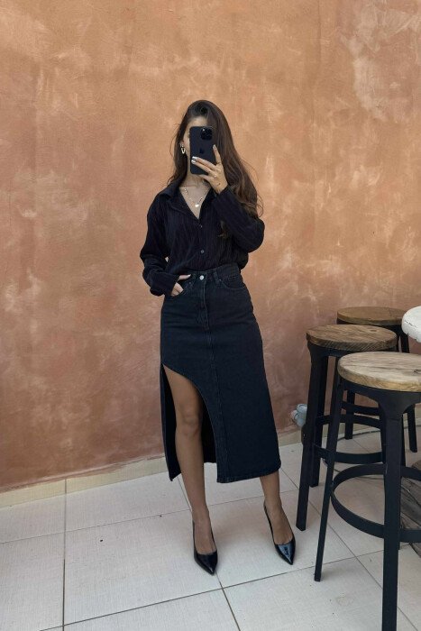 ONE COLOR DENIM WOMEN SKIRT DARK GREY/GEE - 10
