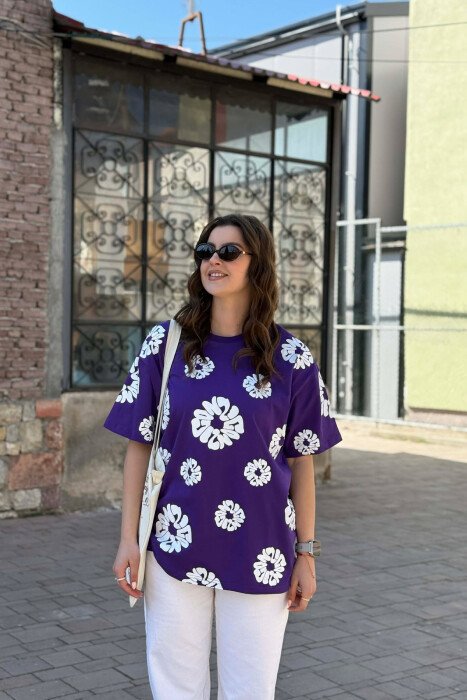 ONE COLOR DESIGNED WOMEN T-SHIRT + 6 PAIR SOCKS PURPLE/LEJLA - KLAUDIO FASHION