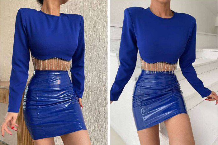 ONE COLOR DIAMOND DETAILS WOMEN SWEATSHIRT BLUE/BLU - KLAUDIO FASHION