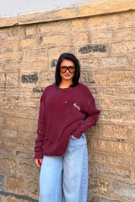 ONE COLOR DISTRESSED WOMEN SWEATER BURGUNDY/VISHNJE 