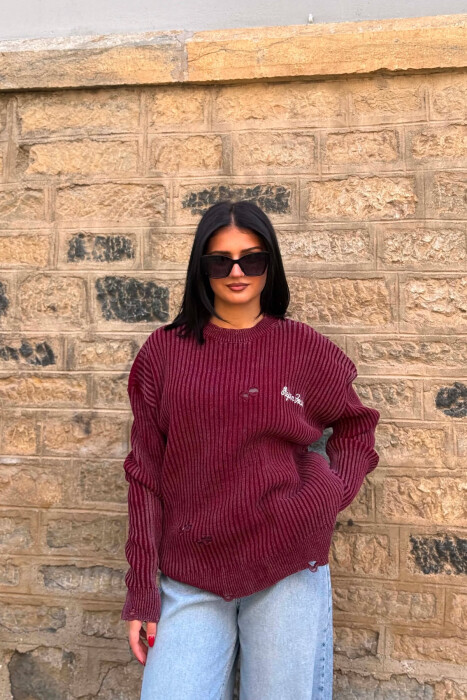 ONE COLOR DISTRESSED WOMEN SWEATER DARK BURGUNDY/VISHNJE E ERRET 